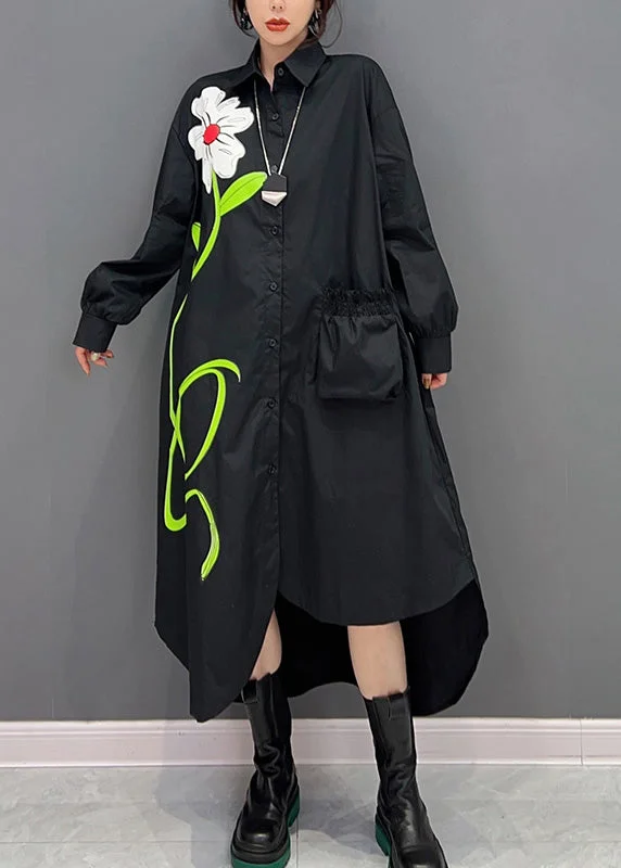 Online Only off-shoulder dressoff-shoulder dressBlack Peter Pan Collar Low High Design Maxi Shirts Dress Long Sleeve