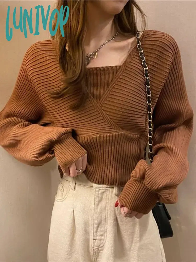 Epic Deals Lunivop Knitted Crop Sweaters Women Pullovers Vintage Casual Design Knit Tops Autumn Solid Korean Fashion Fake Two-piece
