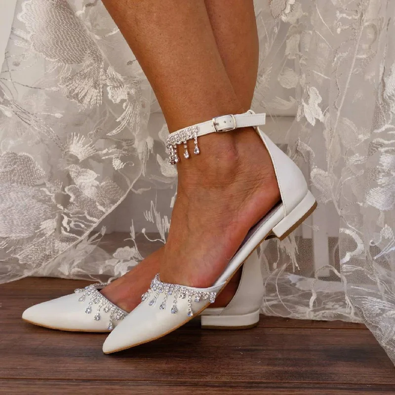 Exclusive Online Offer ruffle dressruffle dressWhite Crystal Ankle Strap Pointy Flat Shoes 708270132734