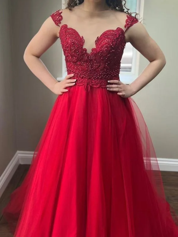 Super Sale office dressoffice dressRound Neck Beaded Red Lace Long Prom Dresses, Red Tulle Formal Dresses, Beaded Red Evening Dresses SP2680
