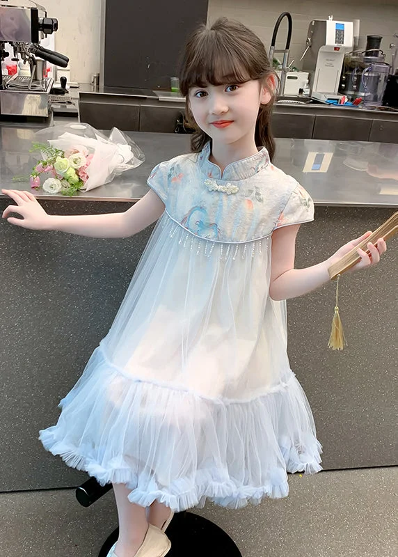 vintage-inspired dressCute Blue Print Patchwork Tassel Tulle Kids Long Dresses Summer