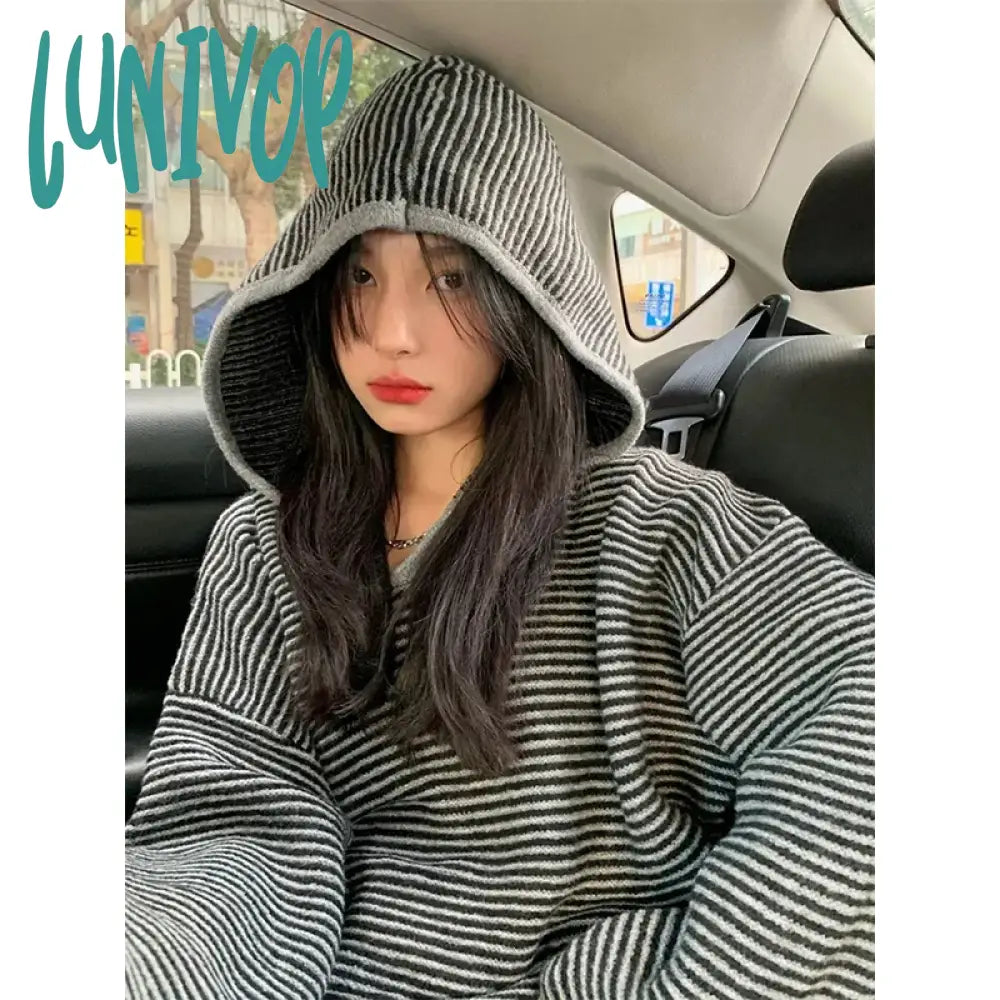 Today’s Deal Lunivop  Striped Hooded Sweater Women Streetwear Oversized Knitted Pullovers Y2K Harajuku Knitwear Vintage Korean Casual Jumpers