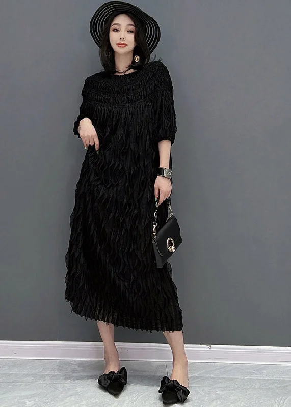 formal dressBlack O-Neck Wave Silk Long Dress Half Sleeve