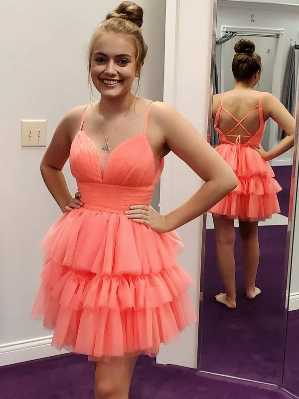 Low Prices casual shift dresscasual shift dressV Neck Open Back Layered Coral Short Prom Dresses, V Neck Coral Homecoming Dresses, Short Coral Formal Evening Dresses SP2410