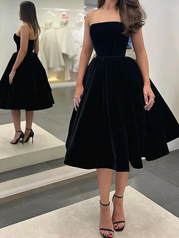 YEAR-End Clearance wrap-around dresswrap-around dressStrapless Tea Length Black Velvet Prom Dresses, Black Velvet Homecoming Dresses, Black Formal Evening Dresses SP2461