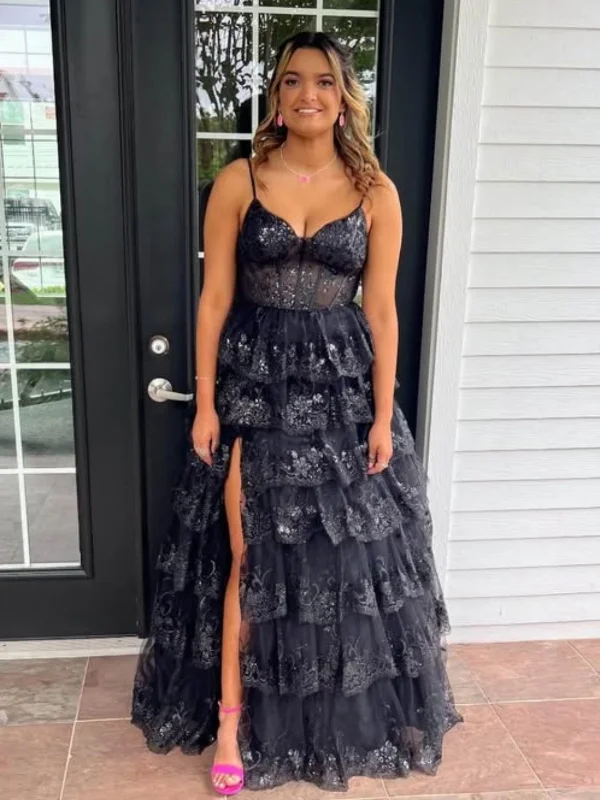 Overstock Sale backless dressbackless dressA Line V Neck Layered Black Lace Long Prom Dresses with High Slit, Black Lace Formal Graduation Evening Dresses SP3072
