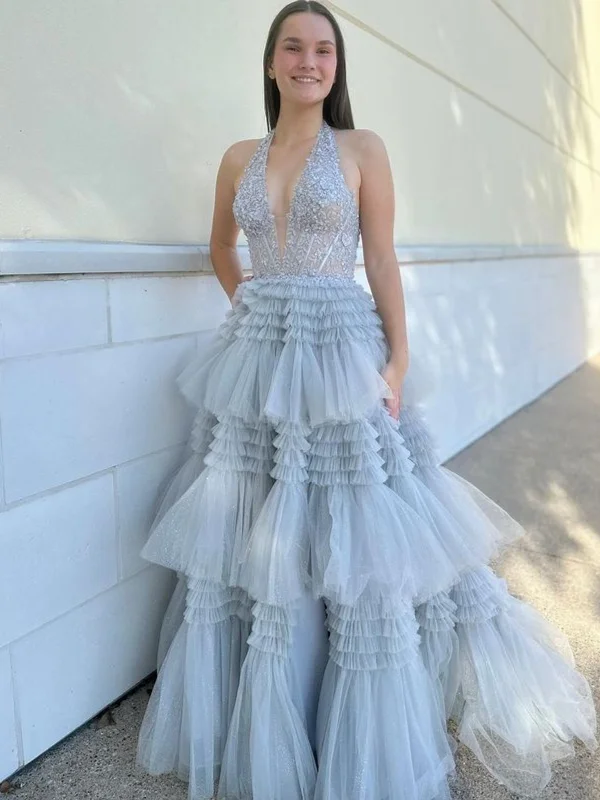 Savings Event stylish party dressstylish party dressHalter V Neck Open Back Layered Gray Lace Long Prom Dresses, Gray Lace Formal Evening Dresses, Gray Ball Gown SP2861