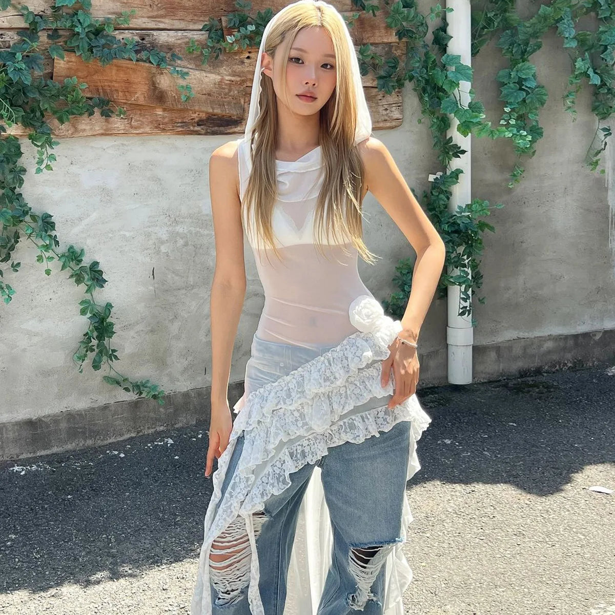 Best Bargains Lunivop Hooded Sheer Sleeveless Mesh Lace Ruffles Asymmetrical Short Women'S Dresses Fashion Y2K Streetwear Sexy Korean Clotehs