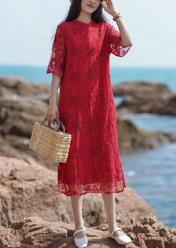 casual dressNew Red Embroidered Side Open Dresses Half Sleeve