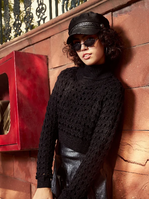 Shop and Save lightweight fitness hoodieWomen Black Crochet Crop Sweater Top