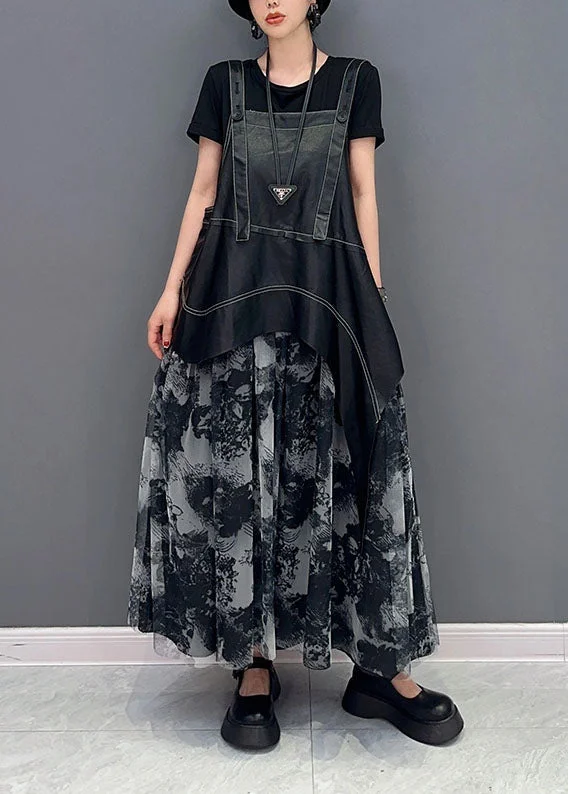 Limited Stock casual summer dresscasual summer dressFrench Black Asymmetrical Patchwork Exra Large Hem Faux Leather Strap Dress Summer