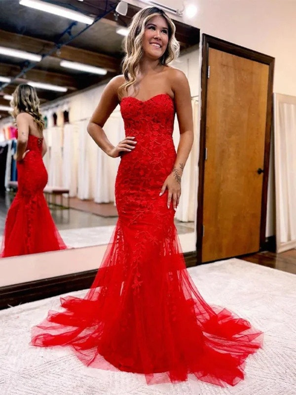 Lowest Price statement dressstatement dressStrapless Mermaid Red Lace Long Prom Dresses, Mermaid Red Formal Dresses, Red Lace Evening Dresses SP2592