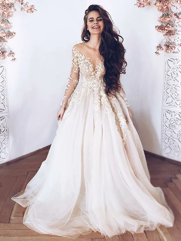 The Best Prices sophisticated dresssophisticated dressLong Sleeves Lace Appliques Light Champagne Tulle Long Prom Dresses Wedding Dresses, Champagne Lace Formal Dresses, Evening Dresses
