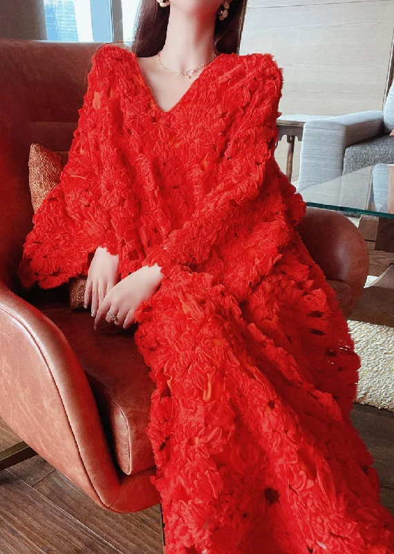 Best Deals lace-up dresslace-up dressStylish Red V Neck Hollow Out Floral Lace Long Dress Flare Sleeve