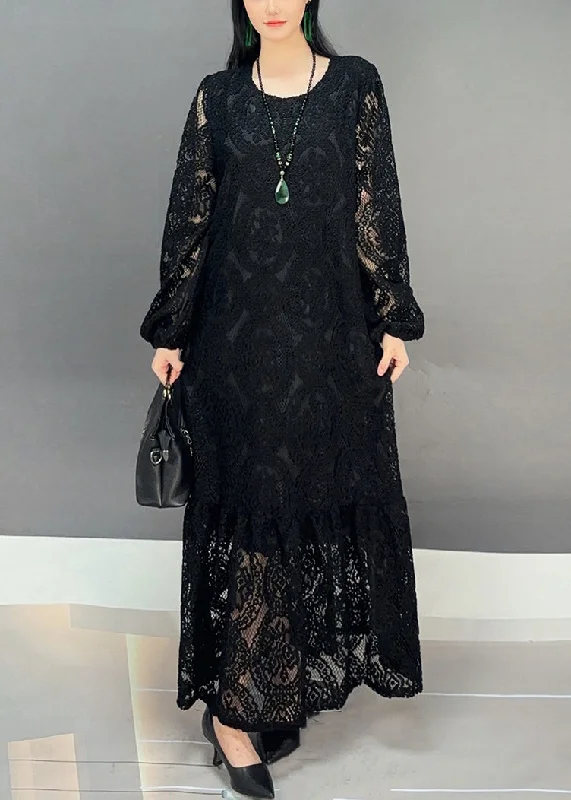 playful dressNew Black O Neck Hollow Out Lace Long Dresses Fall