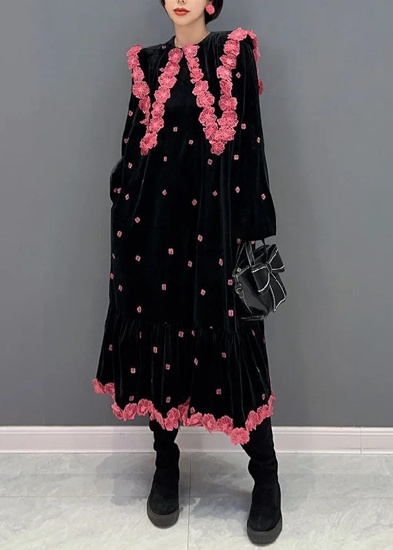 Deal Dash elegant maxi dresselegant maxi dressFrench Black O Neck Floral Silk Velour Maxi Dress Winter