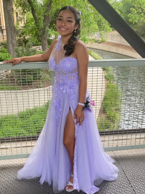 Limited Time Discount silk dresssilk dressOne Shoulder Purple Lace Floral Long Prom Dresses with High Slit, One Shoulder Lilac Formal Dresses with 3D Flowers, Purple Evening Dresses SP2582