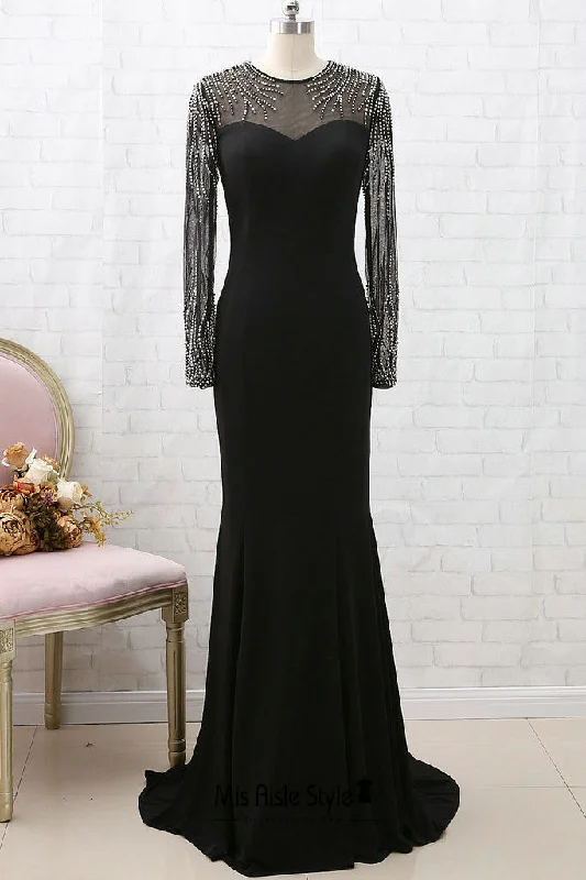 A-line dressFit and Flare Long Sleeve Black Evening Dress