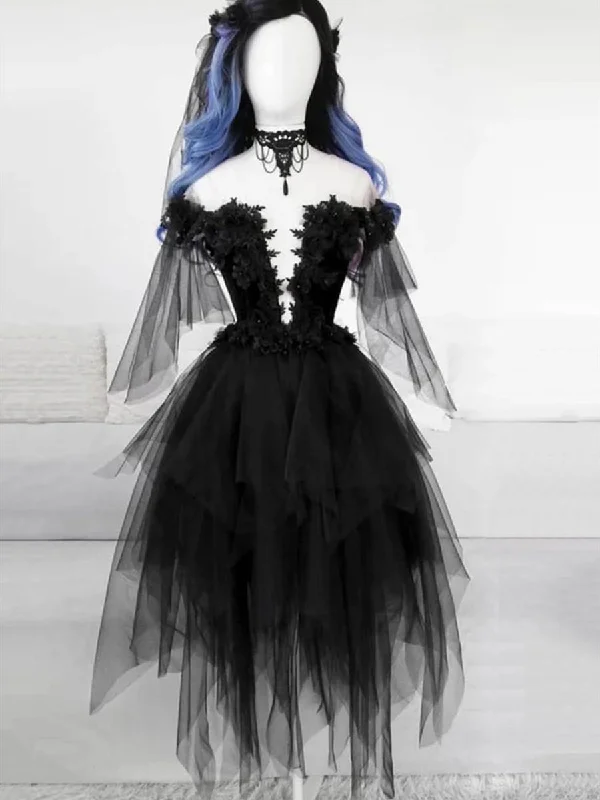 New Deals high-waisted dresshigh-waisted dressCute Off Shoulder Short Black Lace Prom Dresses, Black Lace Fluffy Formal Graduation Homecoming Dresses
