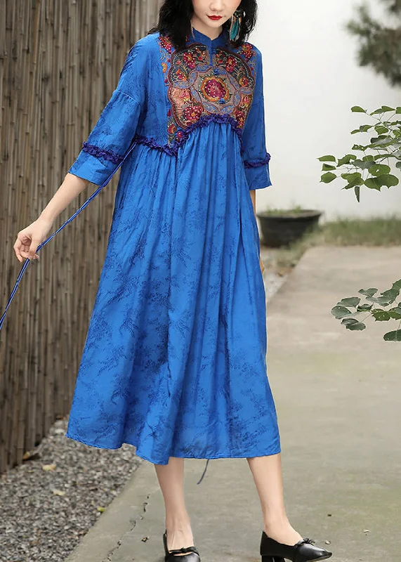 satin dressElegant Blue Stand Collar Embroideried Floral Drawstring Satin Dress Long Sleeve