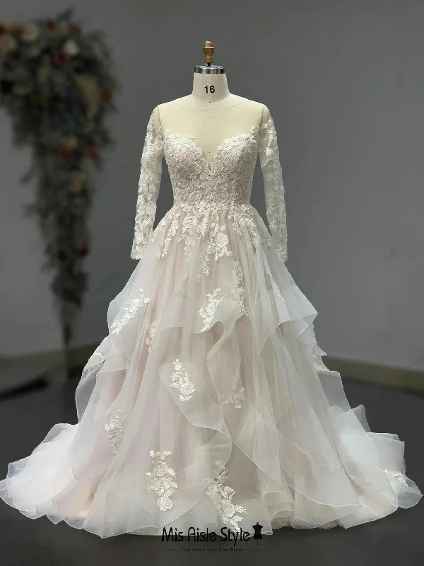 shift dressLong Sleeve Tiered Skirt Wedding Dress