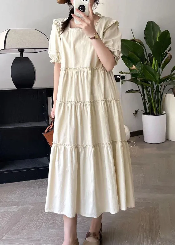 trendy bodycon dressFashion Apricot Square Collar Long Dress Short Sleeve