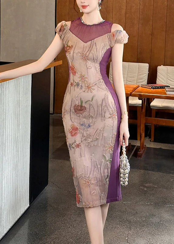 flowy evening dressSlim Fit Purple Turtleneck Print Cold Shoulder Tulle Long Dresses Short Sleeve