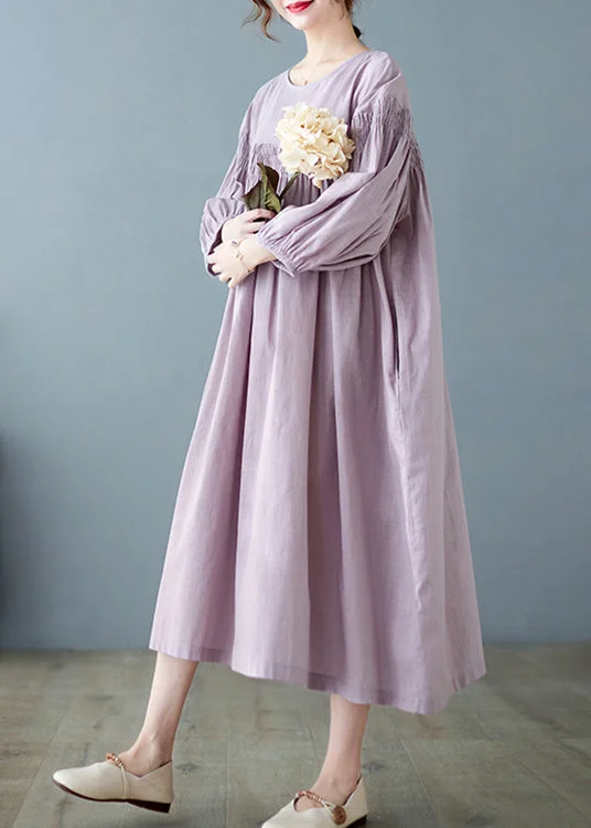 casual day dressWomen Purple O-Neck Patchwork Wrinkled Maxi Dresses Spring