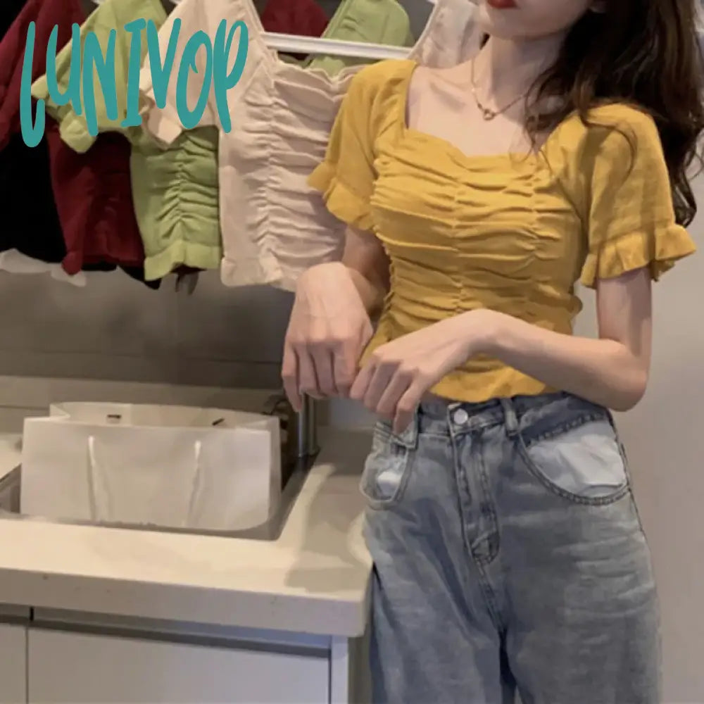 Inventory Reduction Lunivop Women T-shirt Short Sleeve Tshirt For Woman Square Collar Solid Color Pullover Top Spring Summer Folded Design Short Tops