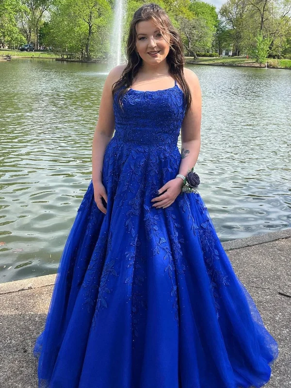 Referral Discount winter dresswinter dressOpen Back Beaded Royal Blue Lace Long Prom Dresses, Royal Blue Lace Formal Evening Dresses, Royal Blue Ball Gown SP2805