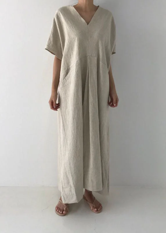 Super Deal elegant shift dresselegant shift dressBeige Cozy Linen Holiday Dresses V Neck Pockets Summer