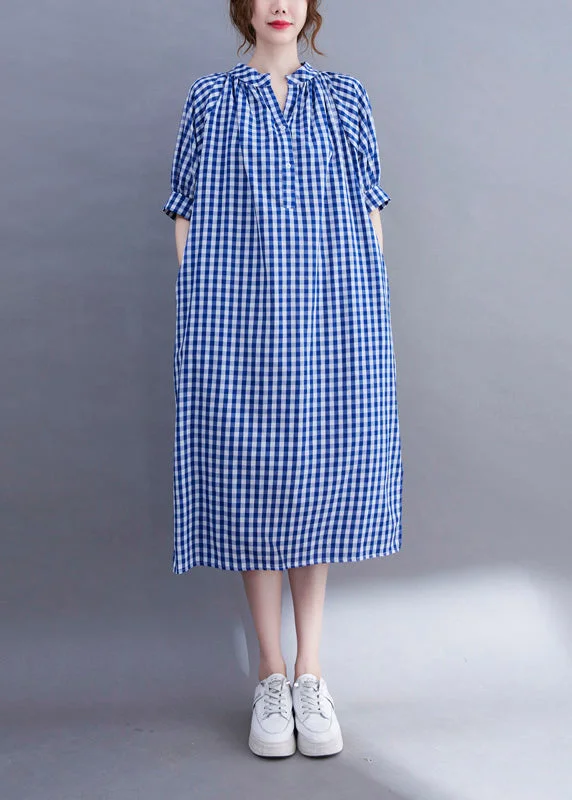 Crazy Deals casual summer dresscasual summer dressOrganic Blue V Neck Plaid Cotton Long Dress Summer Crazy Deals casual summer dresscasual summer dressOrganic Blue V Neck Plaid Cotton Long Dress Summer