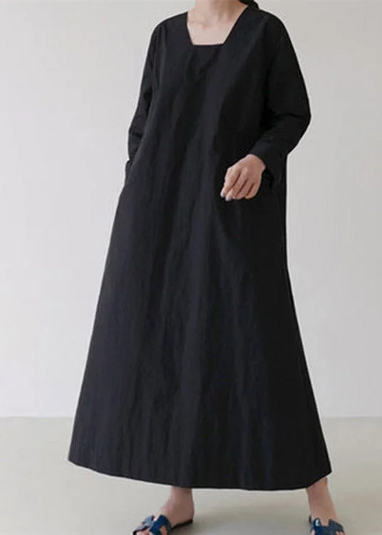 evening dressVintage Black Square Collar Cozy Linen Maxi Dress Long Sleeve