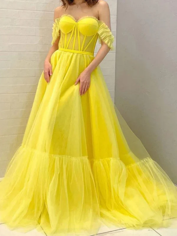 Exclusive Access casual knit dresscasual knit dressSweetheart Neck Off Shoulder Yellow Tulle Long Prom Dresses, Long Yellow Formal Evening Dresses SP2596