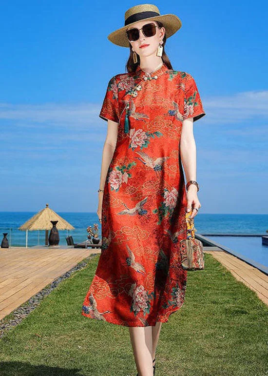 Online Exclusive winter dresswinter dressOriental Orange Stand Collar Tasseled Print Silk Dresses Summer