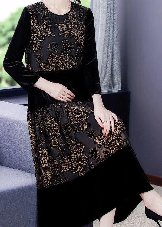 Holiday Sale elegant maxi dresselegant maxi dressBeautiful Black Embroideried Tulle Patchwork Silk Velour Dresses Spring