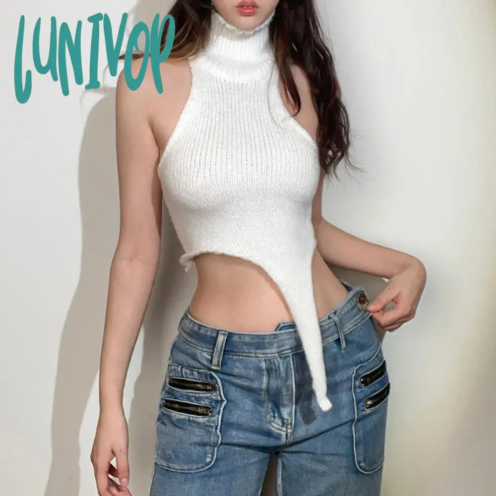 Savings Alert Lunivop Streetwear Women Sleeveless Top Halter Backless V-hem Asymmetrical Knit Ribbed Oversized Sweater Pullover Tee Woman