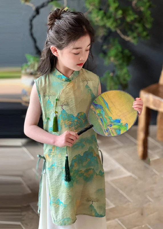 wrap-around dressRetro Green Stand Collar Print Tie Waist Kids Maxi Dress Short Sleeve