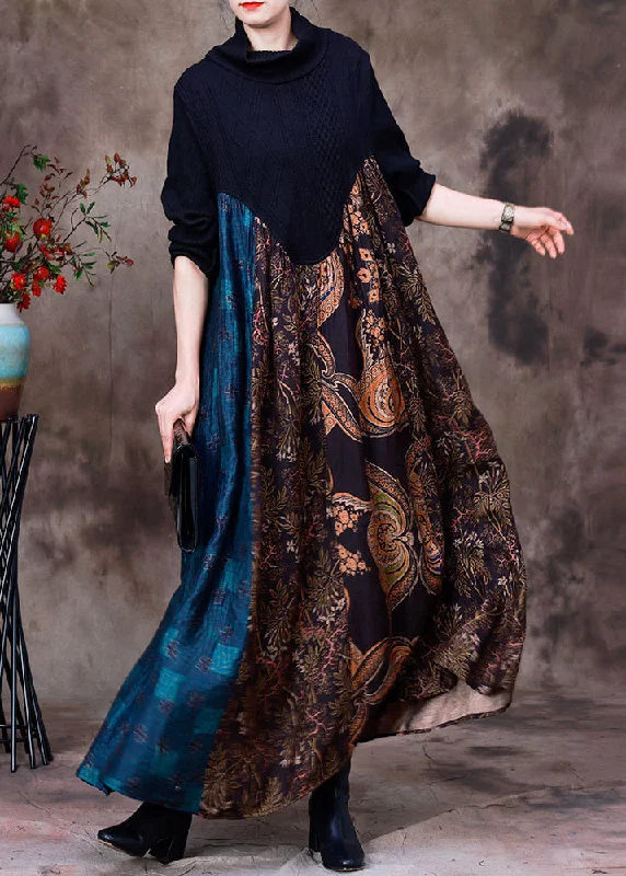 comfy maxi dressCasual Blue Patchwork Chocolate Turtleneck Print Silk Maxi Dress Long Sleeve