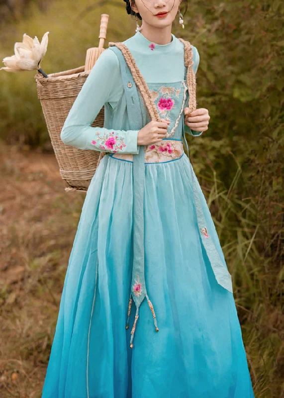 Major Savings floral midi dressfloral midi dressVogue Blue Slash Neck Embroideried Floral Gradient Color Button Silk Maxi Dress Sleeveless