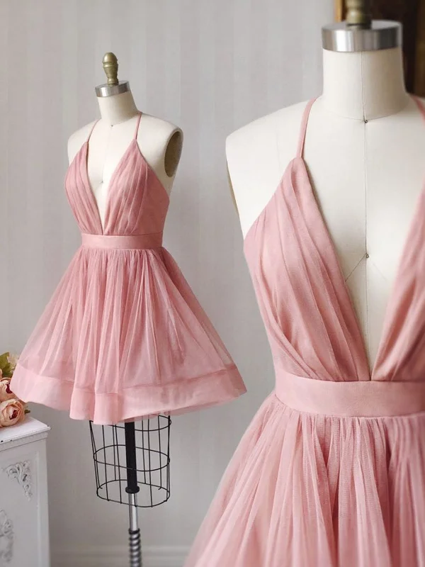 Year-End Sale A-line dressA-line dressV Neck Short Pink/Purple Prom Homecoming Dresses, Pink/Purple Formal Graduation Evening Dresses