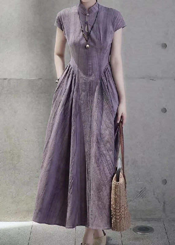 elegant dressFrench Purple Stand Collar Pockets Linen Dress Summer