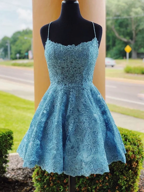 Extra Savings fitted cocktail dressfitted cocktail dressA Line Backless Lace Blue Short Prom Dresses Homecoming Dresses, Backless Blue Lace Formal Graduation Evening Dresses