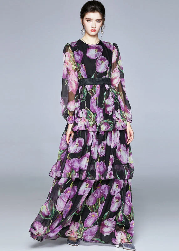 minimalistic dressBoutique Purple Print O-Neck Layered Design Chiffon Long Dresses Fall