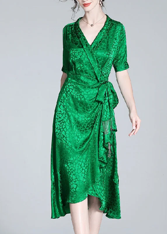 Flash Sale wrap dresswrap dressBeautiful Green V Neck Print Bow Tunic Maxi Dress Short Sleeve