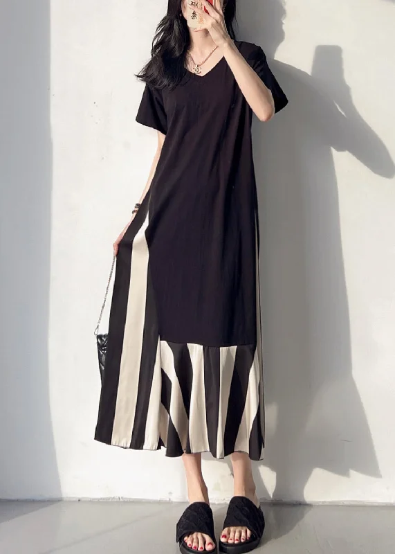 boho-chic dressLoose Black V Neck Patchwork Cotton Long Dress Summer