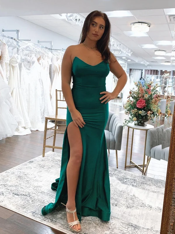 Savings Event v-neck dressv-neck dressStrapless Mermaid Green Satin Long Prom Dresses, Mermaid Green Formal Dresses, Green Evening Dresses SP2637