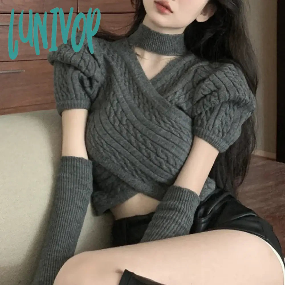 Savings Bonanza Lunivop Autumn Winter Korean Fashion Retro Soft Cashmere Screw Thread Sweater Removable Puff Sleeves Slim Sweater Pullover Tops