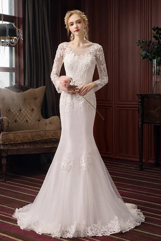 sophisticated dressTrumpet-Mermaid Sweep-Brush Train Lace Tulle Wedding Dress 605503223960