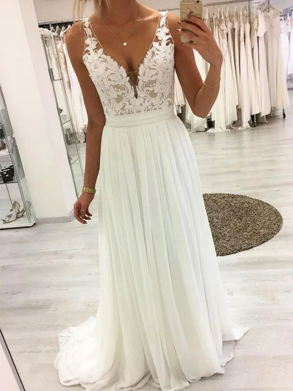 Crazy Deals trendy dresstrendy dressV Neck Chiffon White Lace Long Prom Dresses, White Lace Formal Dresses, White Evening Dresses SP2503
